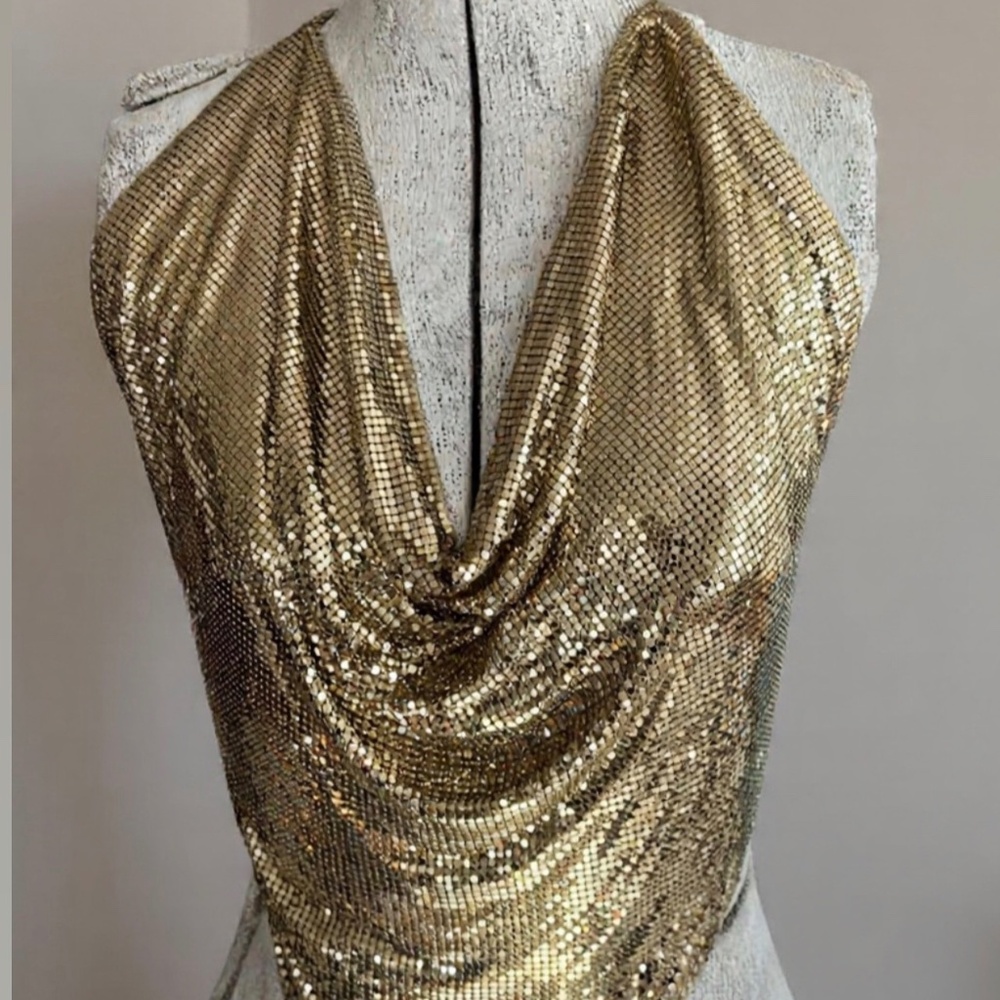 Vintage Disco METAL MESH HALTER top Original 70s WHITING and DAVIS Goldtone